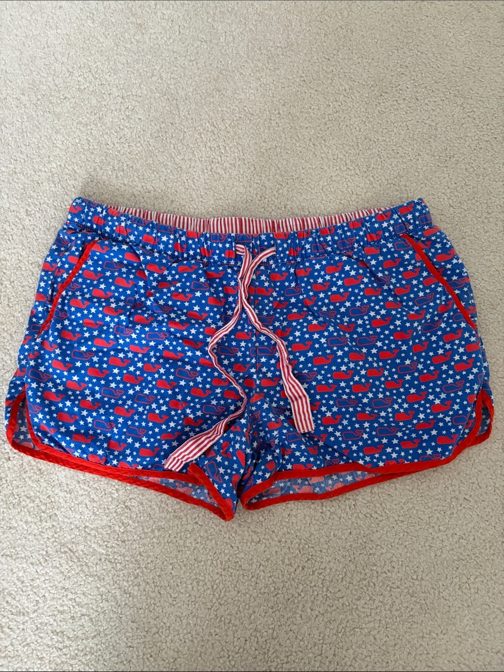 Blue and Red Women's Elastic Waist Printed Shorts